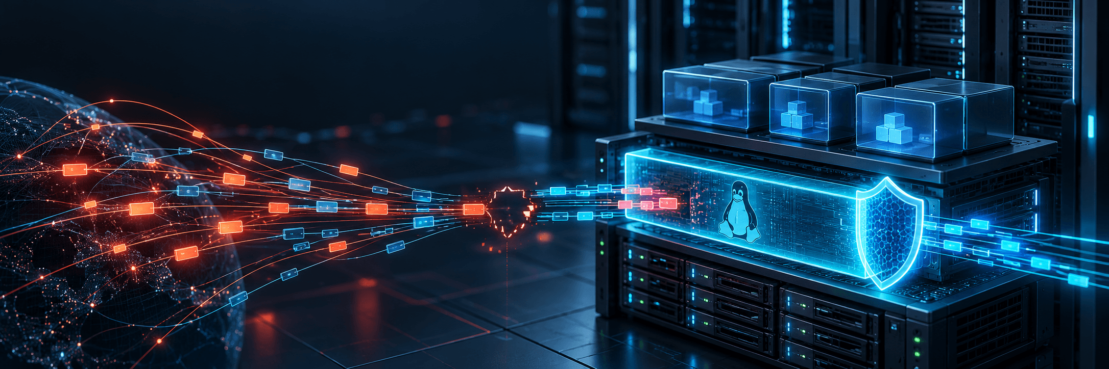 Linux sunucularına yönelen ağ trafiğini ve güvenlik güncellemesiyle korunan sunucu altyapısını gösteren illüstrasyon.